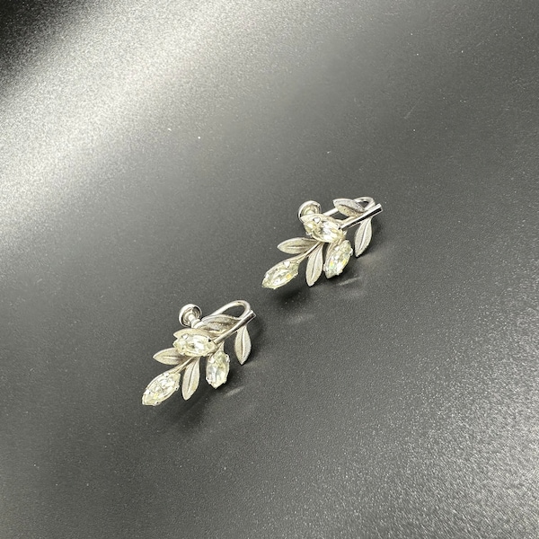 Vintage Earrings Van Dell Sterling Screw Back Leaf Rhinestones Botanical Glam