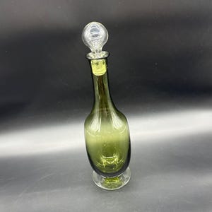 Vintage Decanter Hand Blown Olive Green Glass Clear Stopper Barware Art Retro