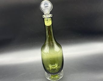 Vintage Decanter Hand Blown Olive Green Glass Clear Stopper Barware Art Retro