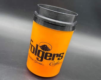 Taza de viaje térmica vintage, color naranja y negro, de Aladdin USA Folgers. LEER