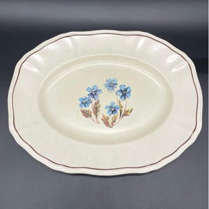 Bandeja ovalada vintage de Ironstone, década de 1970, diseño floral de margaritas azules, Kensington, Staffordshire, Inglaterra, cerámica.