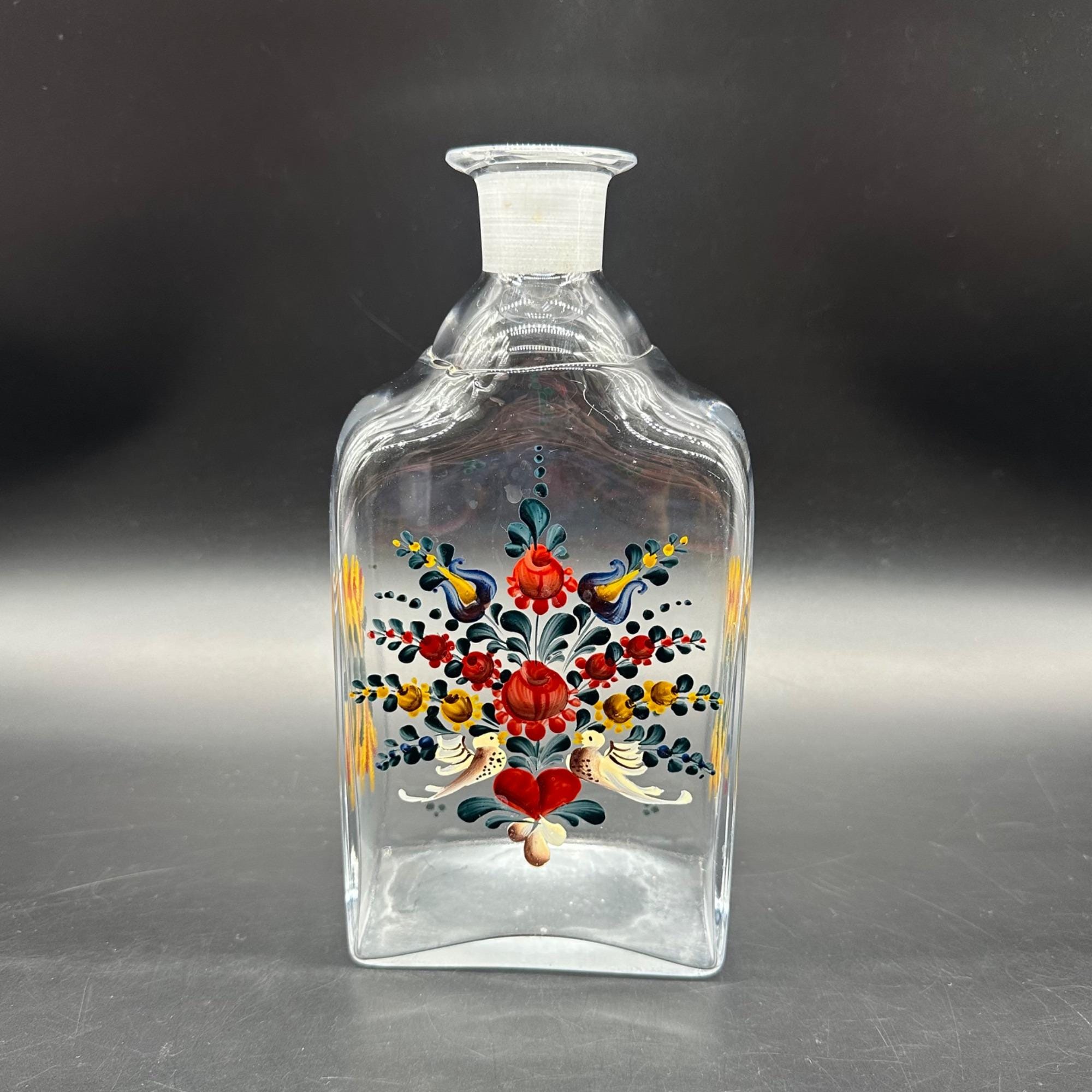ガラス製デキャンタ 花模様 ヴィンテージガラスデキャンタボトルエナメルペイント花柄鳥レッド