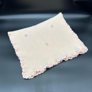 Vintage Hand Knitted Baby Blanket Floral Embroidery Pink Wool Doll Lap Throw Small