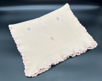Vintage Hand Knitted Baby Blanket Floral Embroidery Pink Wool Doll Lap Throw Small