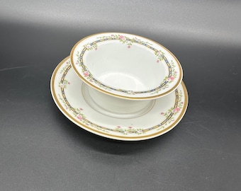 Juego de platillos para ramequin de estilo antiguo de la abadía de Limoges, Francia, con adornos florales en oro rosa y rosa