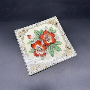 Vintage Tile Trivet Wall Hanging Floral Red Flowers Ceramic Black White
