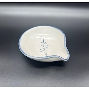 Art Pottery Spoon Rest Signed L Thorpe Blue Flowers Handmade Floral Stoneware