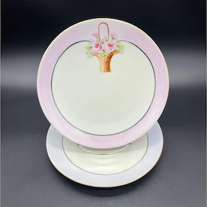Antique Luncheon Plates Hand Painted Thomas Bavaria Pink Cabbage Rose Purple Pansy Flower Basket Cottagecore Plate Wall
