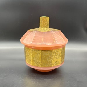 Vintage Pink Glass Covered Dish Art Nouveau Bohemian Haida Friezes Powder Jar