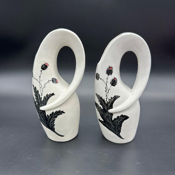 Vintage Vases Mid Century Japan Ceramic Black Floral Thistle Retro