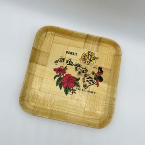 Vintage Hawaii Souvenir Tray Bamboo 50th State Hibiscus Flower Hula Dancer