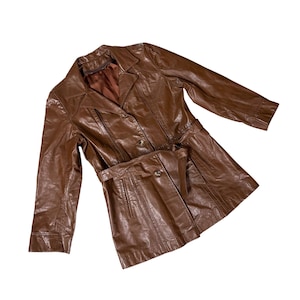 Vintage 1970s Brown Leather Coat Size 16 Button Up Belt Retro Jacket Womens