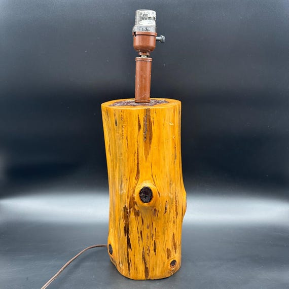 Vintage Wooden Log Lamp Handcrafted Rustic Lodge Cabin Natural Finish Heavy 