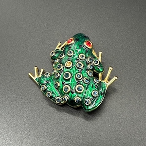 Vintage Frog Brooch Pin Green Rhinestone Enamel Gold Tone Missing Stone Kitschy