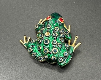 AOCHEE Vintage Rhinestone Frog Brooch - Green Enamel Crown Frog Pin Jewelry For Hats & Scarves