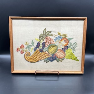 Vintage Crewel Embroidery Picture Framed Wall Hanging Cornucopia Fruit Handmade