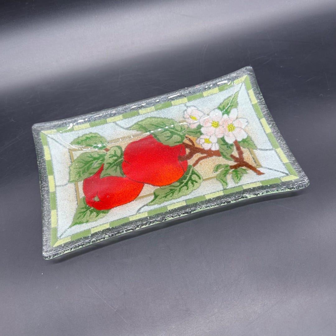Vintage Peggy Karr Fused Art Glass Apple Blossom Tray Signed Dated