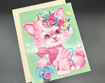 Vintage Get Well Card Nursery Decor Pink Cat Flowers Embossed Print Kitsch USA