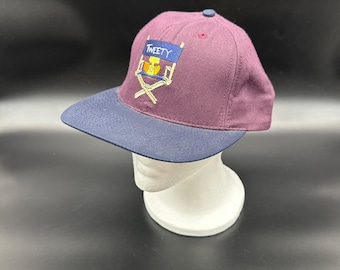 Vintage basebollkeps 1991 Tweety broderad hatt lila marinblå Warner Bros USA