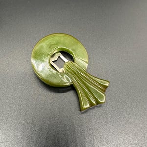 Vintage Green Carved Bakelite Dress Clip Art Deco 1930s Made In USA Retro Fashion