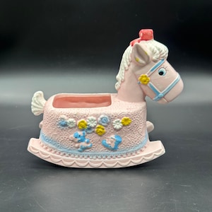 Vintage Baby Rocking Horse Planter Pink Kitsch Napco Taiwan Catch All Storage