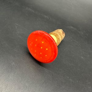 May include: A mushroom-shaped bottle stopper with a red cap and yellow spots. The stopper has a cork base and a yellow ring where the cap meets the cork. The product is designed for wine bottles.