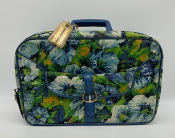 Vintage Suitcase Flower Power Luggage Blue Green Canvas