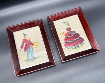 Vintage viktorianische Werbung Paar Nadelspitze Wand Kunst Holzrahmen handgefertigt