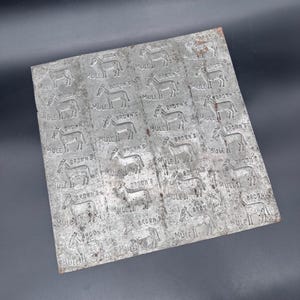 Puede incluir: Una lámina metálica rectangular y desgastada con imágenes en relieve de mulas y el texto "BROWN'S MULE" repetido en la superficie. La lámina tiene un aspecto envejecido y oxidado.