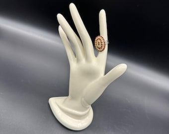 Vintage Red Rhinestone Adjustable Ring Statement Oval Estate Jewelry Silver Toned
