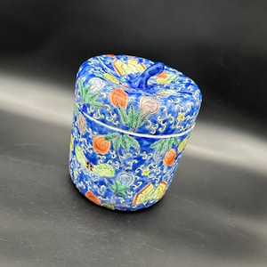 Vintage Chinese Ginger Jar Gourd Canister Blue Fruit Floral Bug Storage Container Ceramic