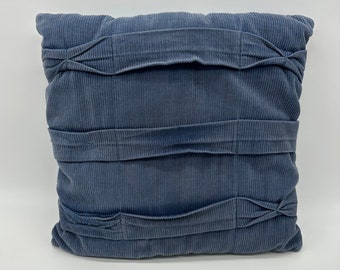 Vintage Throw Pillow Blue Corduroy Decorative Pleated