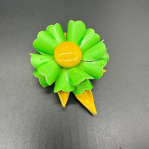 Vintage Enamel Flower Power Brooch Pin 1960s Yellow Green Floral Retro Damage