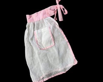 Vintage White Sheer Apron Pink Gingham Pockets Retro Kitchen Baking Tie Back