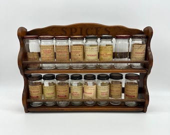 Vintage Spice Rack Storage Wood With 16 Glass Jars Hanging Spice Island 1980s