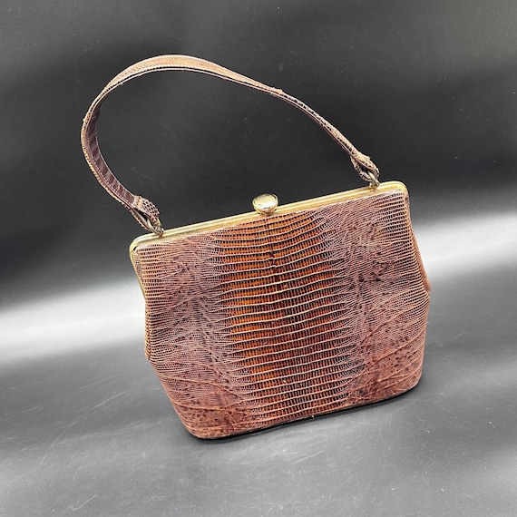 Vintage Purse Lizard Leather Handbag Lesco Mid Century Brown Gold