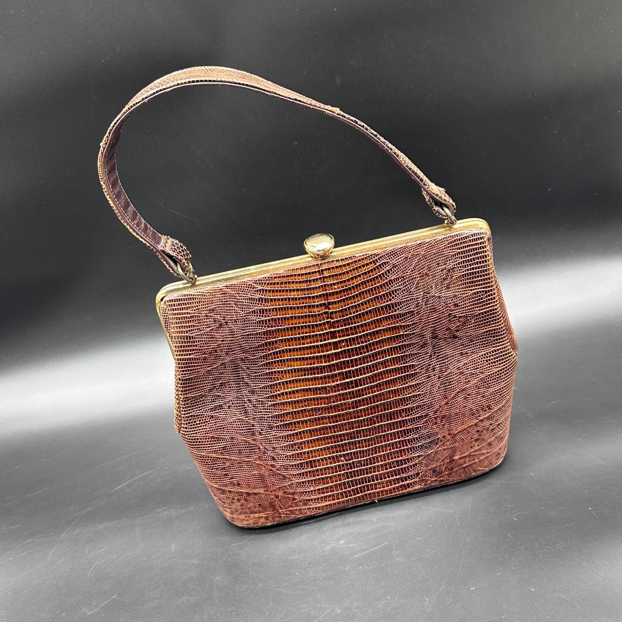 Vintage Purse Lizard Leather Handbag Lesco Mid Century Brown Gold