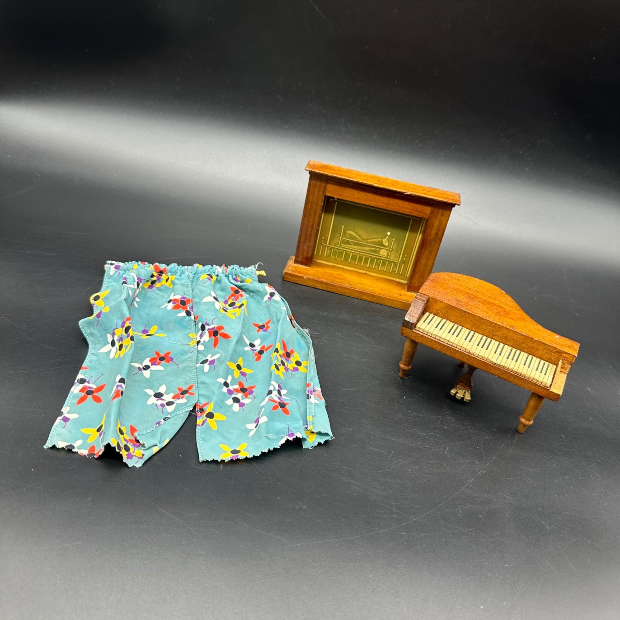 Vintage Dollhouse Furnishings Lot Floral Curtain Piano Fireplace Wooden 1950s