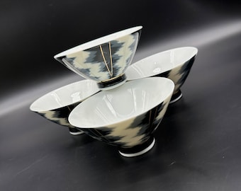 Rice Bowls Black White Gold Porcelain Dishes Modern Asian Style Stripes