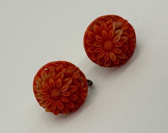 Vintage Screw Back Earrings Floral Orange Coral Daisy Retro Mid Century Flowers