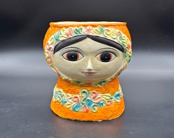 Macetero vintage con cara de ojos grandes, de Nippon Yoko Boeki, Japón, años 50, contenedor de almacenamiento kitsch naranja