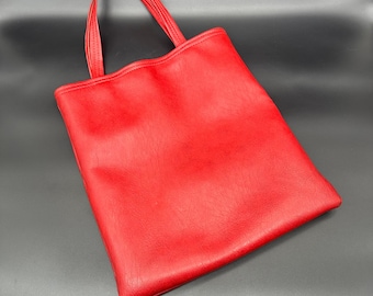 Sac fourre-tout en vinyle rouge vintage des années 1970, doublure à carreaux, sac à main rétro à double poignées