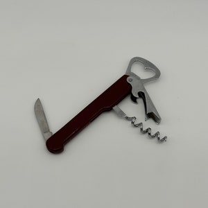 Vintage Multi Tool Can Opener Cork Screw Knife Camping Maroon