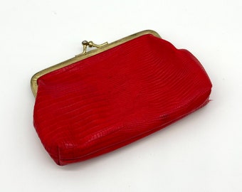 Vintage Wallet Pocketbook Red Kiss Lock Reptile Textured Coin Purse Handbag