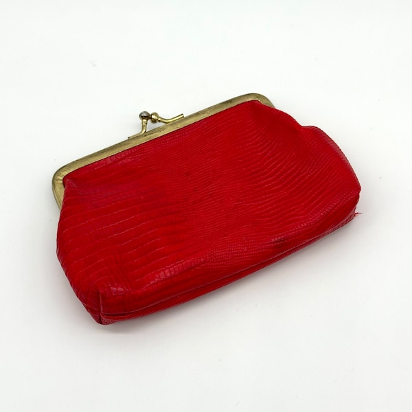 Vintage Wallet Pocketbook Red Kiss Lock Reptile Textured Coin Purse Handbag