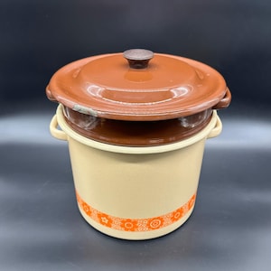 Vintage Enamel Pot Strainer 1970s Beige Brown 4 Pieces Orange Floral Cookware Retro