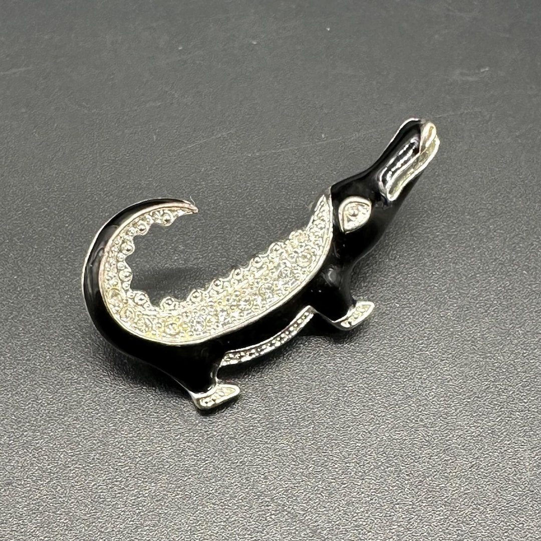 Vintage Alligator Crocodile Brooch Pin Black Silver Enamel Rhinestones ...
