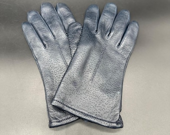 Guantes de piel azul vintage para mujer, forrados en negro, estilo retro, suaves, talla 8,5/9