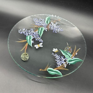 Hand Painted Glass Plate Bees Purple Flowers Decorative Floral 3 Glass Feet Botanical Cottage