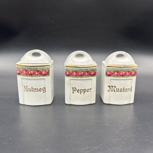 Vintage Spice Jars Set Of 3 Nutmeg Pepper Mustard Germany Pink Rose Floral Ceramic